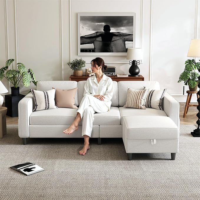 Small Sectional Couch, L Shaped Sectional White Couch in a Box, Small Couches with Ottoman, 3 Seater Sofa for Living Room, Apartment, Dorm, Office
