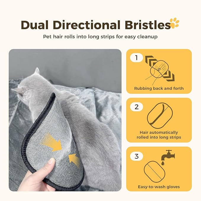 3 Pcs Electrostatic Pet Hair Removal Gloves with Bidirectional Bristle Design, Washable Reusable Cat Dog Hair Remover Grooming Glove Tool for Furniture, Bed Sheets,Car Seat (Black)