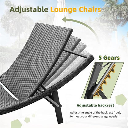 GUNJI Lounge Chairs for Outside 3 Pieces Patio Adjustable Chaise Lounge Outdoor Wicker Lounge Chairs Set of 2 with Table Folding Chaise Lounger for Poolside, Deck, Lawn (Blue)