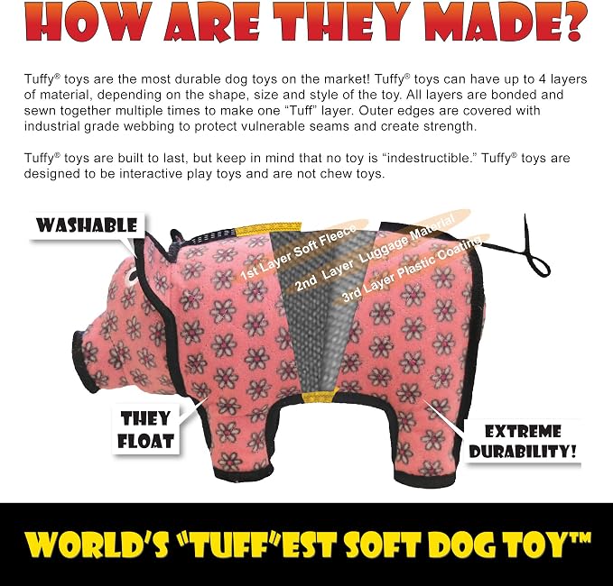 TUFFY® : Medium Pig Dog Toy: Ultra Durable Plush Toy with Multiple Layers & Reinforced Seams, Washable and Floats, Original Construction