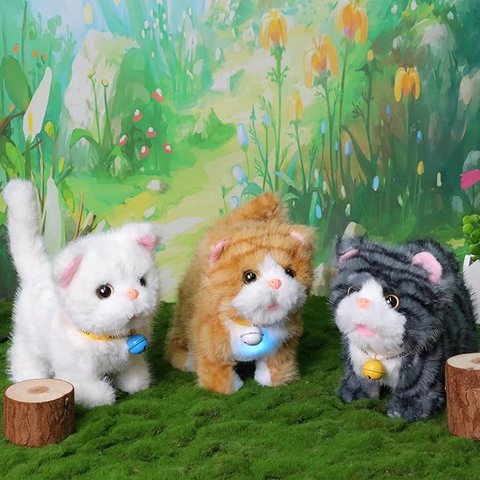 Easfan 7" Walking Plush Kitty Toy Stuffed Animal Electric Interactive Talking Musical Plush Toy Grey Cat Leash Tail Wagging Christmas Birthday Gifts for Kids Toddlers