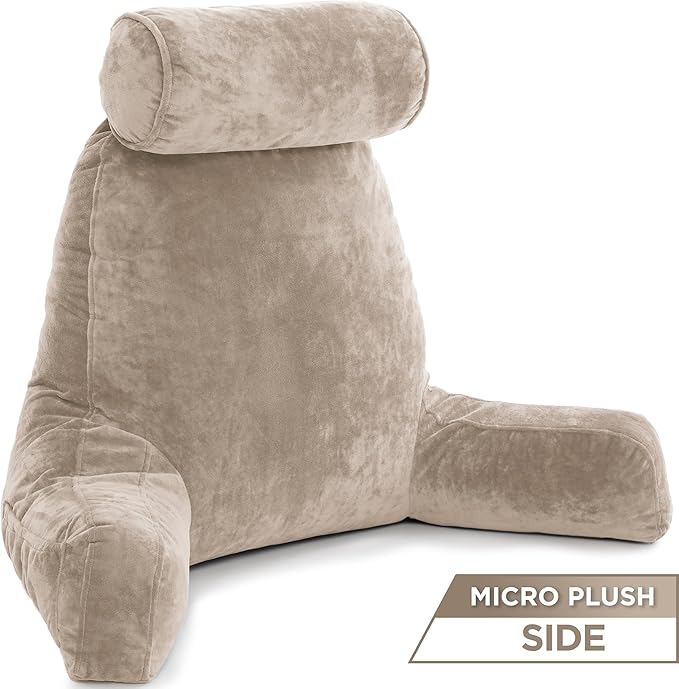 Husband Pillow XXL Aspen Edition, Adult Reading Sit Up Bed Rest Pillow for Bed with Arms & Neck Roll on Bungee Cord - Premium Memory Foam - Reversible 2 Sided Cover Micro Suede or Plush, Cowboy Taupe
