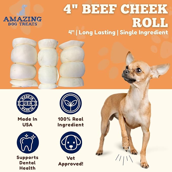 Amazing Dog Treats - Beef Cheek Rolls (Mega Thick 4" - 6 Pcs) - Safe Rawhide Alternative Dog Chew - Great for Power Chewers - Long Lasting Dog Chew - Retriever Rolls for Dogs