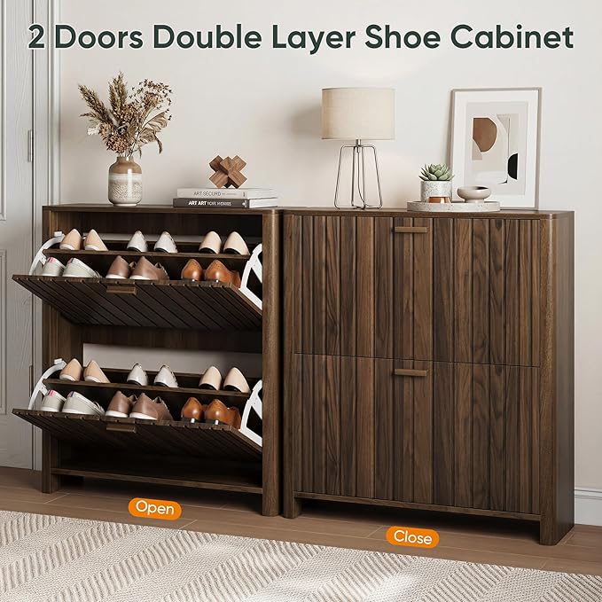 Shoe Cabinet with 2 Flip Drawers, 31.5 Inch Narrow Fluted Shoe Organizer with