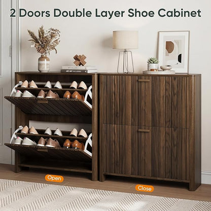 Shoe Cabinet with 2 Flip Drawers, 31.5 Inch Narrow Fluted Shoe Organizer with