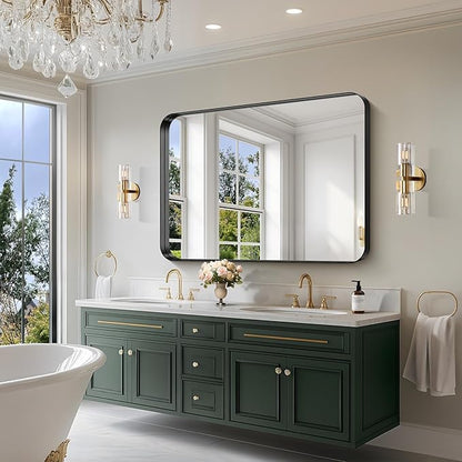 CIRCUMI Black Bathroom Mirror, Rounded Corner, Tempered Glass, Large Mirror