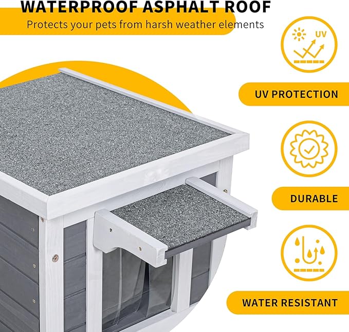 GEGURI Outdoor Cat House, Weatherproof Shelter for Ferrel Cats, Dogs, Rabbits Hutch with Elevated Floor, Asphalt Roof