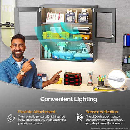VINGLI Metal Wall Cabinet with Locking Glass Doors & Magnetic LED Sensor Light
