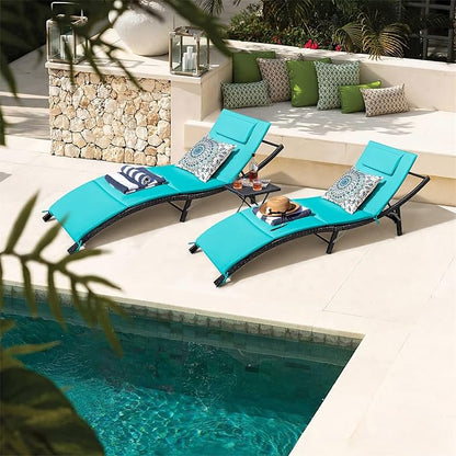 GUNJI Lounge Chairs for Outside 3 Pieces Patio Adjustable Chaise Lounge Outdoor Wicker Lounge Chairs Set of 2 with Table Folding Chaise Lounger for Poolside, Deck, Lawn (Blue)