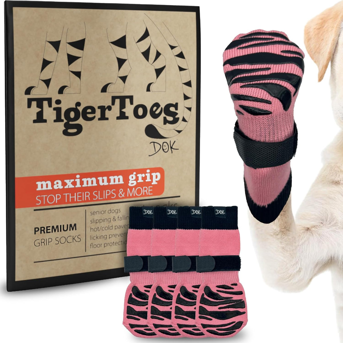 DOK TigerToes Premium Non-Slip Dog Socks for Hardwood Floors - Extra-Thick Grip That Works Even When Twisted - Prevents Licking, Slipping, and Great for Dog Paw Protection (Sassy Pink, X-Small)