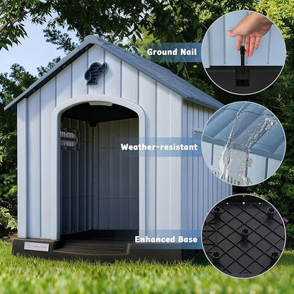 PUKAMI Large Dog House Outdoor Indoor, Plastic Dog House Weatherproof for Large Dogs, Study Puppy Shelter with Air Vents and Elevated Floor, Easy Clean and Assemble (Blue, 36.81"D x 38.7"W x 39.1"H)