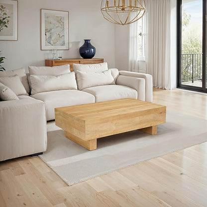 TUP THE URBAN PORT Elias Coffee Table | 42" Rectangular Top | Sandblasted Natural Brown Mango Wood | Wood Sustainably Harvested