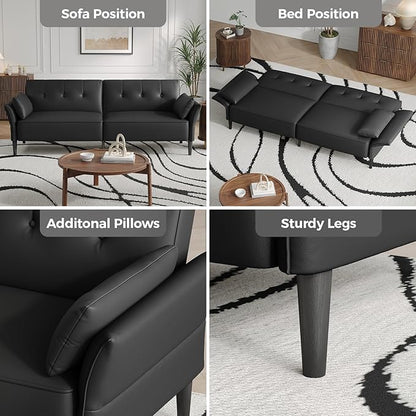 89” Futon Sofa Bed,Futon Couch Bed with 2 Square Pillows,Convertible Sleeper Sofa with Adjustable Backrest& Armrests, Modern Loveseat Sleeper for Living Room, Bedroom,Faux Leather Black