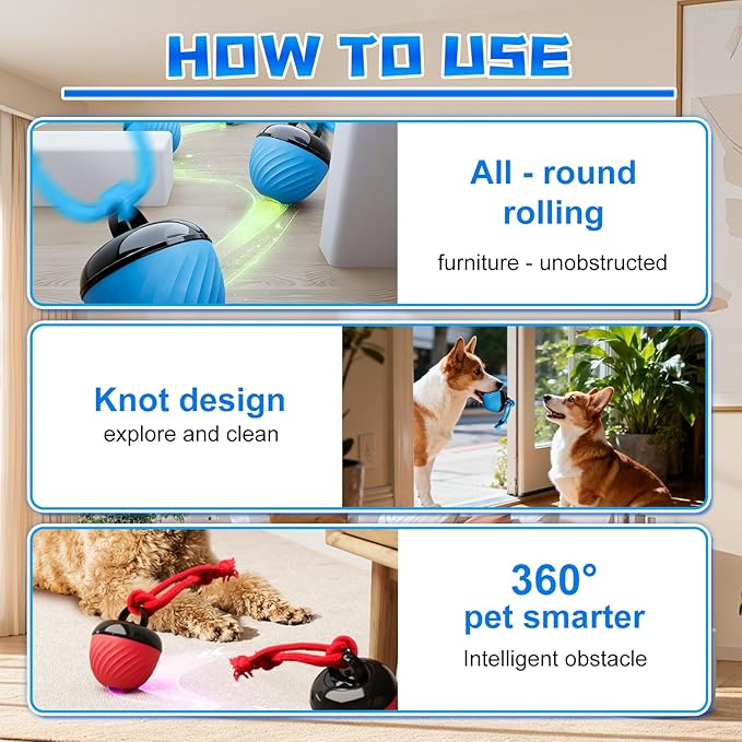 Interactive Dog Toys Ball, 2025 Smart Pet Puppy Ball with Ropes for Indoor Dogs, Path Electric Automatic Moving and Rolling Dogs Toy for Small Medium Large Dogs Daily Training (Red)