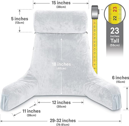 Husband Pillow Medium Light Grey, Backrest for Kids, Teens, Petite Adults - Reading Pillows with Arms, Adjustable Loft, Plush Memory Foam, Bed Rest Chair Sitting Up, Detach Neck Roll, Removable Cover