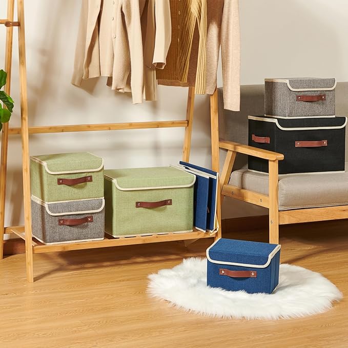 2PCS Storage Boxes with Lid Cotton Linen Fabric Storage Bins Organizer Container Decorative Collapsible Washable Shelf Closet Baskets Faux Leather Handles Home Bedroom (Green, Large Size)