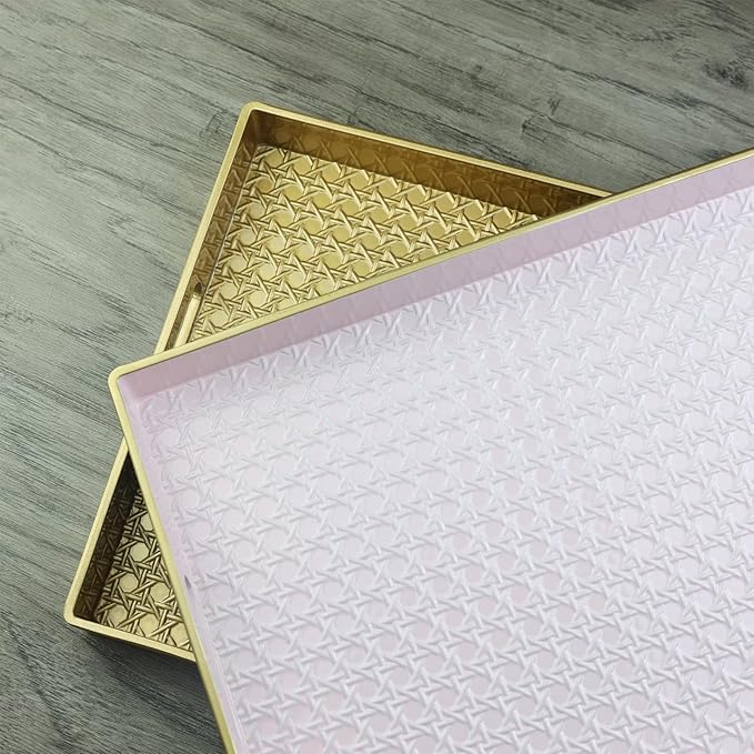 Pink Decorative Coffee Table Tray, Rectangular Plastic Serving Tray with Handles for Living Room, Ottoman, Bathroom, 15.7"*10.2"