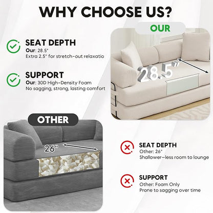 Convertible Sleeper Sofa Bed with Cylindrical Pillow, Corduroy Folding Mattress Couch with Fixed-Shape Frame, Floor Sofa Lounge Couch for Living Room Bedroom Lounge Studio, Beige