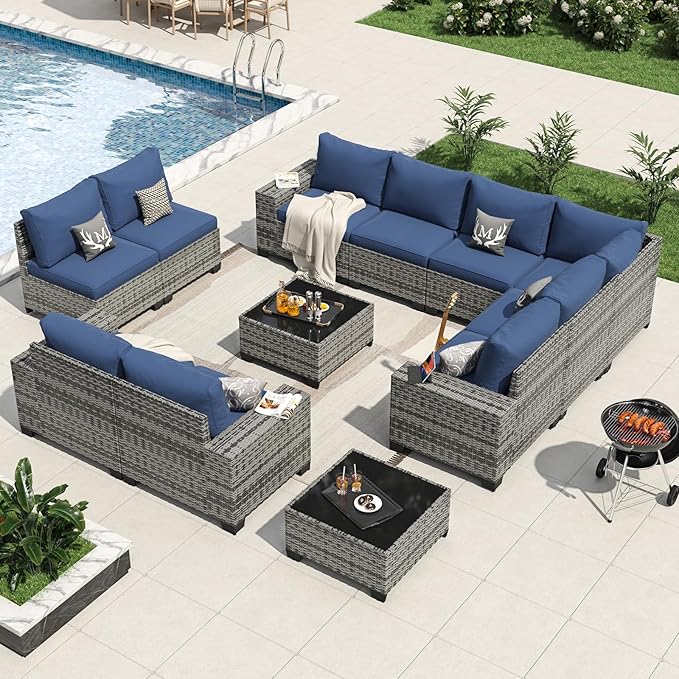 Aoxun 12 Pieces Patio Furniture Set Wicker Rattan Outdoor Sectional Conversation Set with Coffee Table and 4” Thickened Cushions, Gray Blue(Waterproof Cover Included)