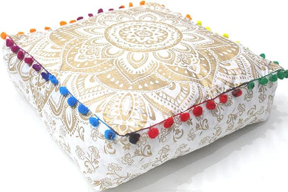 CRAFT KALA 24" Square Large Hippie Mandala Meditation Floor Ottoman Pillow Cushion Pouf Cover Square Poufs Bohemian Circle Floor Cushion Case Outdoor Fireplace Living Decor Cover White Gold Flower