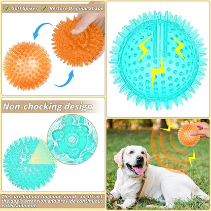 18 Pcs 3.5 in Squeaky Dog Toy Balls Dog Chew Toy for Teething Durable High Bounce TPR Fetch Spike Balls 9 Colors Water Toy for Small Medium Large Dog Aggressive Chewers Clean Teeth and Training