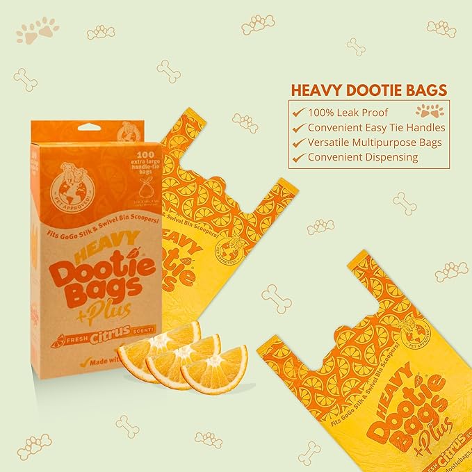 HEAVY Dootie Bags +Plus a Hint of Citrus Scent with EZ Tie Handles. For Pet Dog Poop, Cat Litter. Multi-Use. Fits Swivel Bin and Gogo Stik Scoopers. Made with Cornstarch. Strong, Leakproof, Very Large