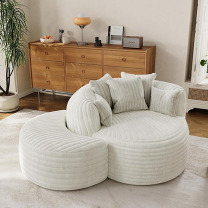 50" W Oversized Round Chaise Lounge Chair with Ottoman Indoor Boneless Plush Fluffy Corduroy Circle Couch Soft Comfy Cozy Cloud Reading Chair for Living Room, Playroom, Bedroom - Beige White