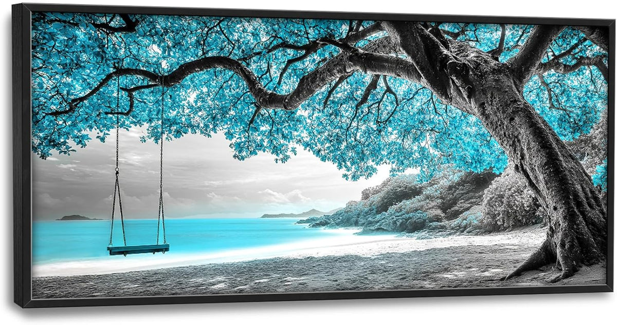 Extra Large Framed Abstract Tree Wall Art,Black and White Tree of Life Wall Decor,Blue Teal Sea Pictures for Living Room,Canvas Print Painting Modern Artwork Bedroom Office Bathroom 60L x 30W