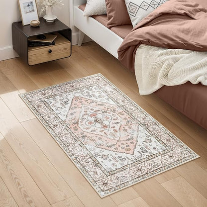 Lahome Boho Entryway Rugs Indoor - 2x3 Washable Area Rug Throw Small Rugs for Bedroom Girls Non-Slip Lightweight Bathroom, Vintage Print Floor Doormat Carpet for Kitchen Laundry Room (Pink, 2'x3')