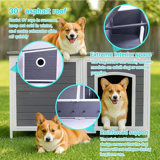 Geguri All-Weather Dog House for Medium to Large Dogs | Weatherproof Asphalt Roof, Chew-Proof Frame, Elevated Base, Extra Large (Grey, 59.1" L × 34.3" W × 34.6" H)