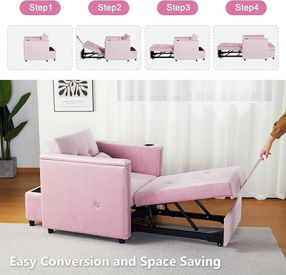 ORRD Convertible Chair Bed, 3-in-1 Multi-Functional Velvet Sleeper Sofa Pull-Out Couch Chair Bed with Adjustable Backrest and Hidden Side Table for Living Room, Small Space, Apartment (Pink)