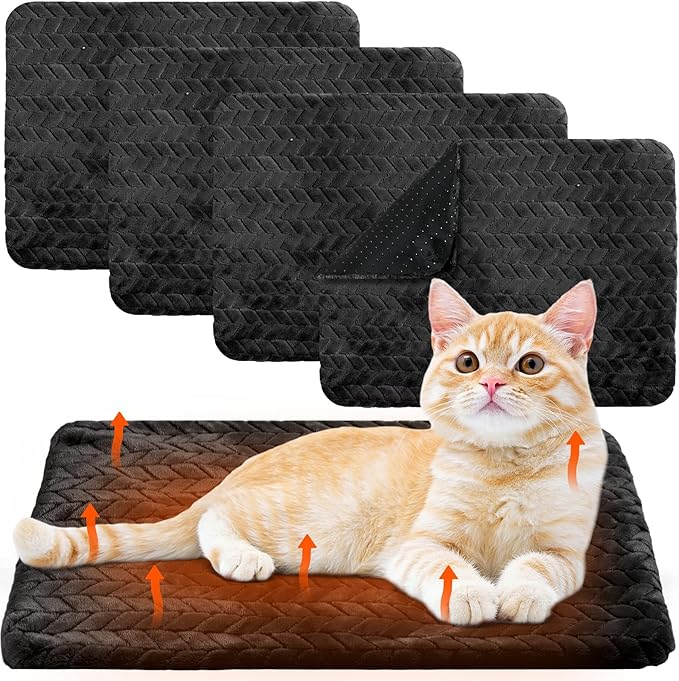 4 Pack Self Heating Cat Pad 16 x 20 Inch Self Warming Cat Bed Non Slip Warm Dog Pad Mat Washable Pet Kennel Crate Bed Mat for Indoor Outdoor Pets(Black,16 x 20 Inch)