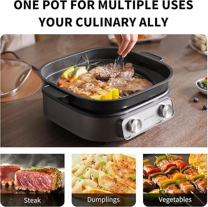 6-Quart Electric Skillet with Grill | Non-Stick PFOA-Free Ceramic-Coated Pot