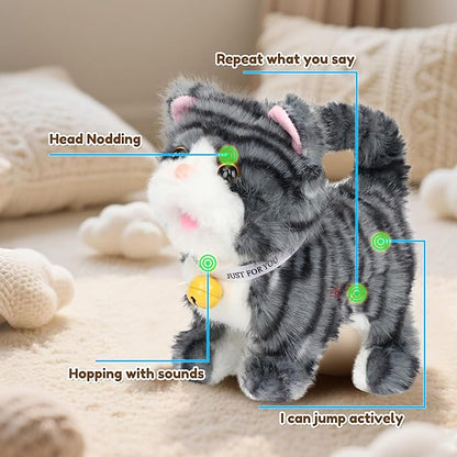 Easfan 7" Walking Plush Kitty Toy Stuffed Animal Electric Interactive Talking Musical Plush Toy Grey Cat Leash Tail Wagging Christmas Birthday Gifts for Kids Toddlers
