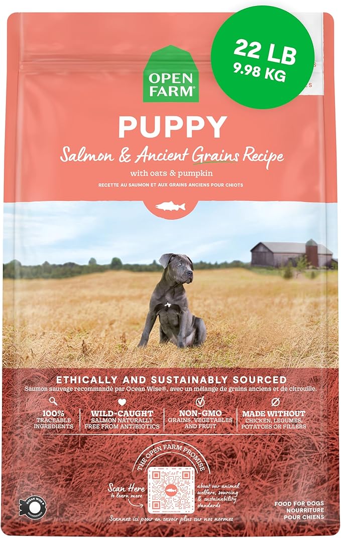 Open Farm, Ancient Grains Dry Dog Food for Puppies, Protein-Rich & Nutrient Dense, 90% Animal Protein Mixed with Non-GMO Fruits, Veggies and Superfoods, Salmon Recipe for Puppy, 22lb Bag