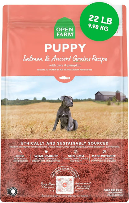 Open Farm, Ancient Grains Dry Dog Food for Puppies, Protein-Rich & Nutrient Dense, 90% Animal Protein Mixed with Non-GMO Fruits, Veggies and Superfoods, Salmon Recipe for Puppy, 22lb Bag