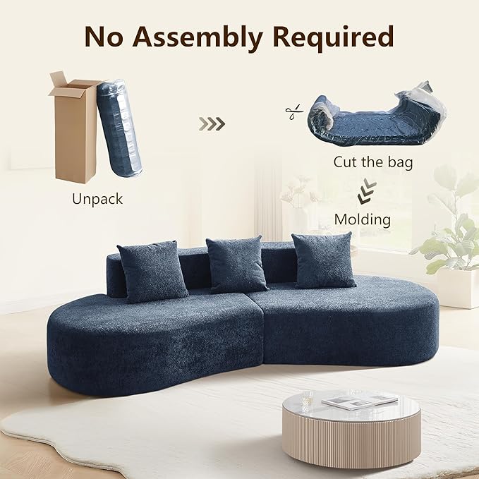 109'' Curved Couch, Mid Century Modern Half Moon Sofa, Luxury 3-Seat Couch with High-Density Foam Filled, Raindrop Velvet Fabric Sectional Sofa for Living Room, Apartment, Office, Blue