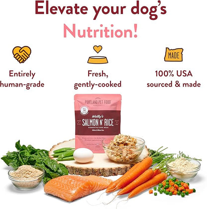 Portland Pet Food Company Fresh Dog Food Pouches Human-Grade Toppers Wet Pet Meal & Mix-Ins - Gluten-Free Limited Ingredient Wally’s Salmon N’ Rice - Large & Small Breed, Puppy to Senior - 5 Pack