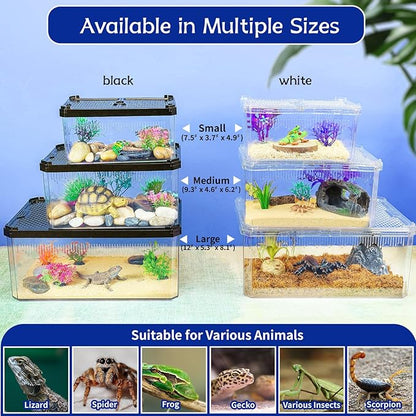 High-Transparency Reptile & Insect Enclosure Terrarium with Magnetic Door, Excellent Ventilation, Easy Cleaning, and Strong, Long-Lasting Build for Cricket,Frog,Insect House Gecko, Black,9.3 in
