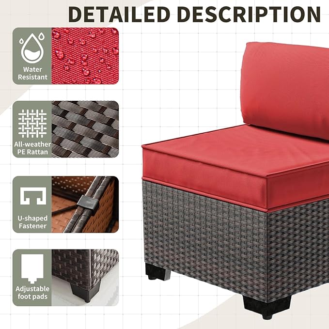 Gotland 8 Pieces Patio Furniture Set with Fire Pit Table, All Weather Rattan Outdoor Furniture with 29.5'' High Backrest 4’’ Thick Cushions Coffee Table, Outdoor Sectional for Porch, Deck, Red