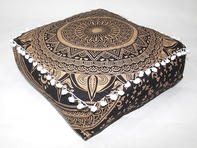 CRAFT KALA 18" Square Large Hippie Mandala Meditation Floor Ottoman Pillow Cushion Pouf Cover Square Poufs Bohemian Circle Floor Cushion Case Outdoor Fireplace Yoga Living Room Decor Cover Black Gold