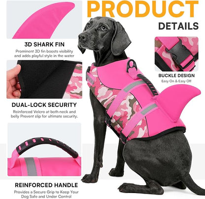 Dog Life Jacket Ripstop Dog Shark Safety Vest Adjustable Preserver with High Buoyancy and Durable Rescue Handle for Small,Medium,Large Dogs, Pink Camouflage Small