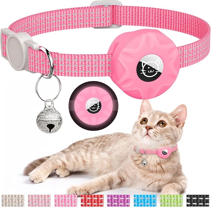 Apple AirTag Cat Collar, GPS Tracker Kitten Collar with Breakaway Feature, Lightweight and Reflective, Perfect for Girl or Boy Cats and Puppies (Luminous Pink)