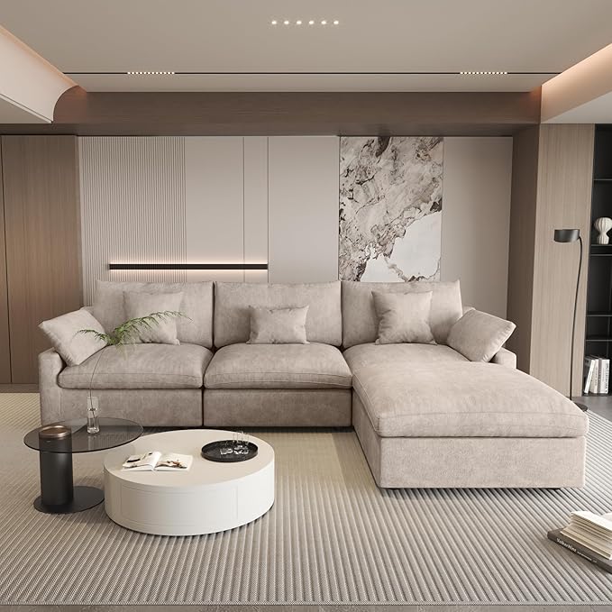 WJShome 120" Cloud Modular Sectional Sofa Couch for Living Room,L Shaped Sofas with Ottoman,Down Filled Modular Sectional Sofa,Convertible 4 Seater, Covers Washable&Replaceable
