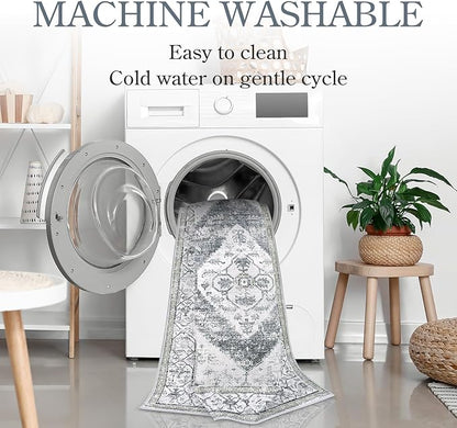 Lahome Boho Runner Rug for Hallway - 2x7 ‎Stain Resistant Non-Slip Kitchen Runners Non Skid Washable 7 Ft Lightweight Throw Bathroom Runner, Oriental Distressed Print Runner for Bedroom Laundry Room