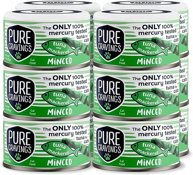 Pure Cravings Minced Tuna and Mackerel Wet Canned Cat Food, 100% Mercury-Tested Tuna, Moist Can Fish for Cats, Grain-Free, Protein, Non-GMO, 3oz, Pack of 12