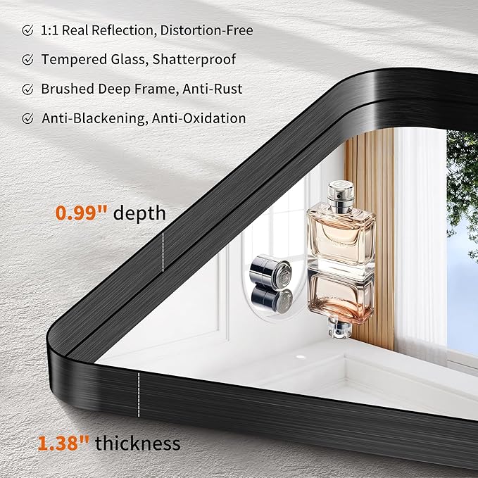 CIRCUMI Black Bathroom Mirror, Rounded Corner, Tempered Glass, Large Mirror