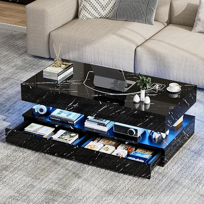 LED Coffee Table, 47.2" Coffee Tables with Storage Drawers, Smart Living Room Table with Wireless Charging & Bluetooth Speaker,Modern Center Tables for Living Room, Black Marble