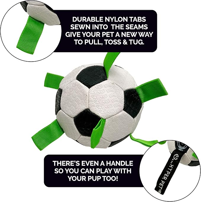 Hyper Pet The Original Grab Tabs Dog Soccer Ball with Straps (5")-Indoor or Outdoor, Interactive Durable Fetch Ball with Tug Toy for All Dog Breeds