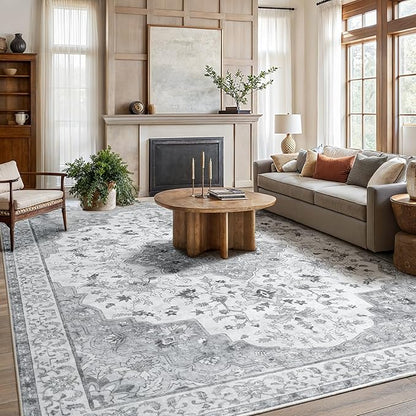 Amada 8x10 Area Rugs, Non-Slip Washable Rug with Low Profile, Durable Bound Edge, Soft Large Vintage Rug for Living Room, Bedroom, Dinning Room, Home Office,Silver Gray